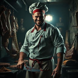A cruel butcher dressed in a traditional chef's outfit, with a menacing smile and sharp knife in hand