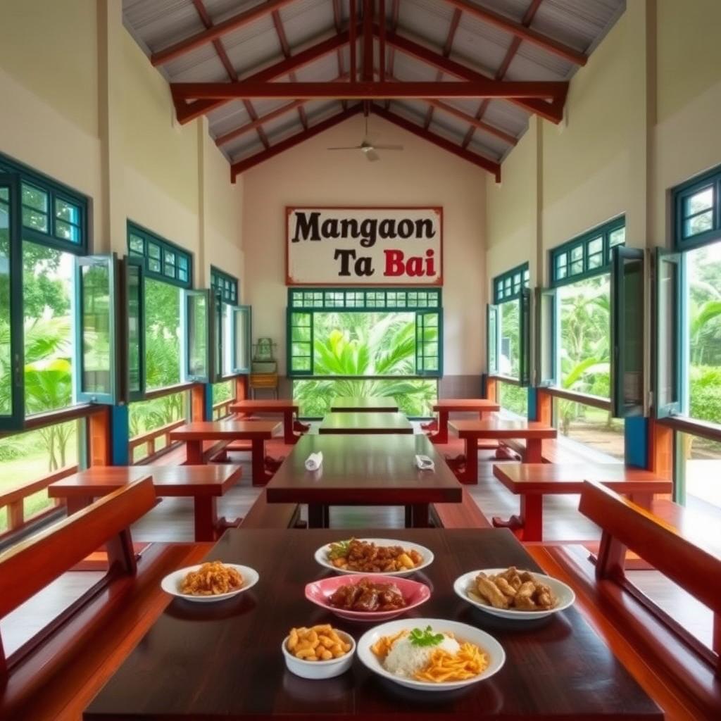 A serene view of an empty canteen in the Philippines, showcasing a traditional style architecture with open windows and colorful decor