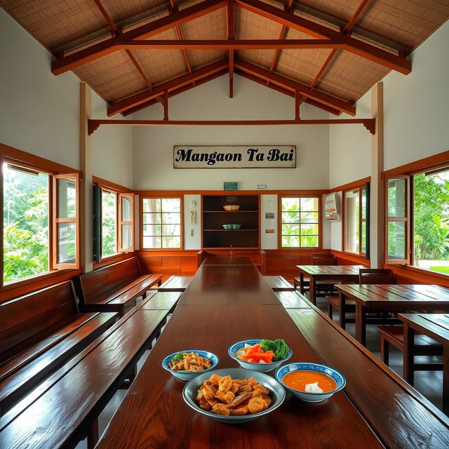 A serene view of an empty canteen in the Philippines, showcasing a traditional style architecture with open windows and colorful decor