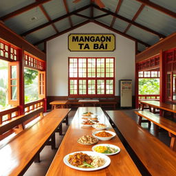 A serene view of an empty canteen in the Philippines, showcasing a traditional style architecture with open windows and colorful decor