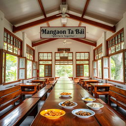 A serene view of an empty canteen in the Philippines, showcasing a traditional style architecture with open windows and colorful decor