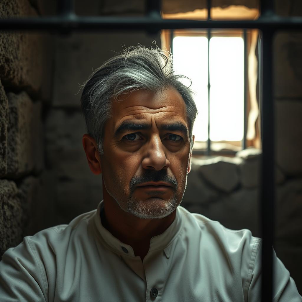 A solemn portrait of a distinguished Middle-Eastern man with a facial resemblance to that of a former prime minister, sitting alone in a dimly lit jail cell