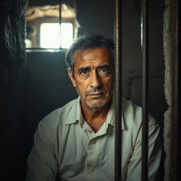 A solemn portrait of a distinguished Middle-Eastern man with a facial resemblance to that of a former prime minister, sitting alone in a dimly lit jail cell