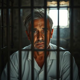 A solemn portrait of a distinguished Middle-Eastern man with a facial resemblance to that of a former prime minister, sitting alone in a dimly lit jail cell