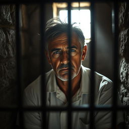 A solemn portrait of a distinguished Middle-Eastern man with a facial resemblance to that of a former prime minister, sitting alone in a dimly lit jail cell