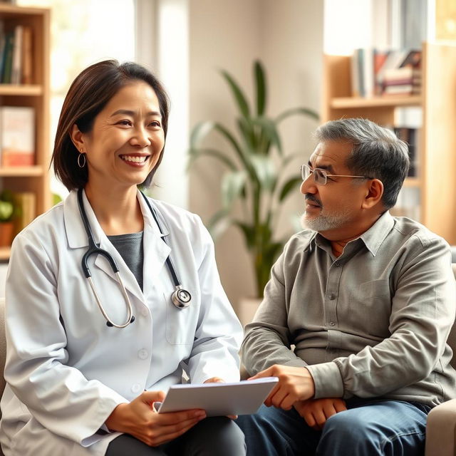 A portrait of a compassionate physician in a professional medical coat, with a warm smile, providing care to a patient sitting in a comfortable office