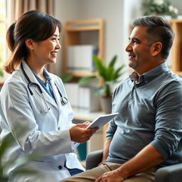 A portrait of a compassionate physician in a professional medical coat, with a warm smile, providing care to a patient sitting in a comfortable office