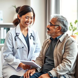 A portrait of a compassionate physician in a professional medical coat, with a warm smile, providing care to a patient sitting in a comfortable office