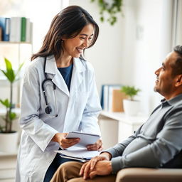 A portrait of a compassionate physician in a professional medical coat, with a warm smile, providing care to a patient sitting in a comfortable office