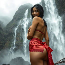 A masterpiece image of a beautiful Javanese woman standing at a majestic waterfall, embracing the rain