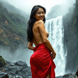 A masterpiece image of a beautiful Javanese woman standing at a majestic waterfall, embracing the rain