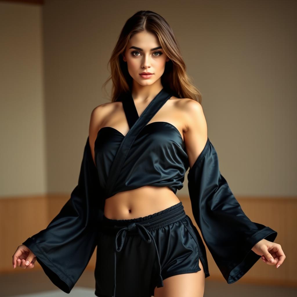 A beautiful woman wearing black satin judo pajamas, standing in a striking pose that emphasizes her grace and strength