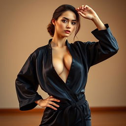 A beautiful woman wearing black satin judo pajamas, standing in a striking pose that emphasizes her grace and strength