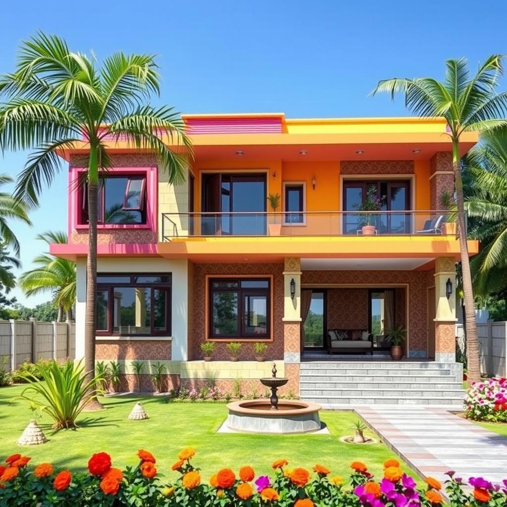 A vibrant prefab house in India, showcasing a blend of contemporary and traditional architectural styles