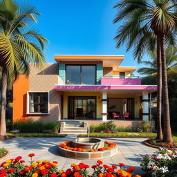 A vibrant prefab house in India, showcasing a blend of contemporary and traditional architectural styles