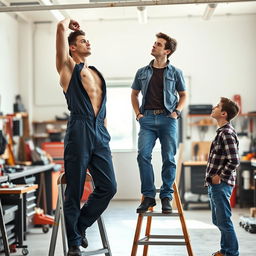 A young man in his mid-20s is standing on a folding ladder, wearing a fitted boiler suit that is slightly unzipped to reveal his perfect, sculpted torso