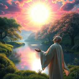 A surreal landscape depicting the concept of 'immortal light' intertwined with the essence of worldly spirit