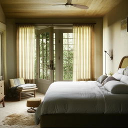 A well-decorated, inviting bedroom with natural lighting, comfortable bedding, and stylish furniture.