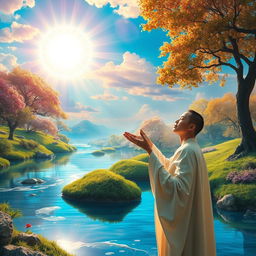 A surreal landscape depicting the concept of 'immortal light' intertwined with the essence of worldly spirit