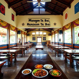 An inviting view of an empty canteen in the Philippines with a spacious dining area, featuring traditional Filipino architecture