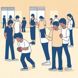 A minimalist vector art image vividly portraying the struggle of illegal immigrants who are finding it hard to comprehend in a gym class, which they share with English-speaking citizen students