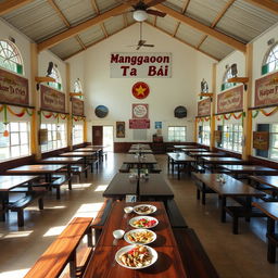 An inviting view of an empty canteen in the Philippines with a spacious dining area, featuring traditional Filipino architecture