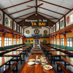 An inviting view of an empty canteen in the Philippines with a spacious dining area, featuring traditional Filipino architecture