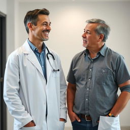 A compassionate and dedicated physician, dressed in a white coat with a stethoscope around their neck, looking hopeful and forward-thinking