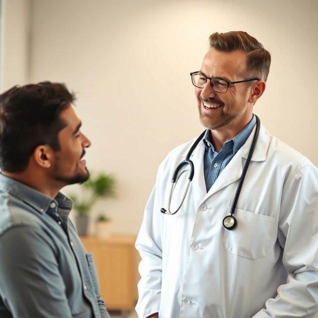 A compassionate and dedicated physician, dressed in a white coat with a stethoscope around their neck, looking hopeful and forward-thinking