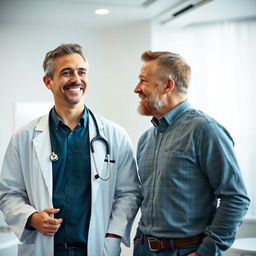 A compassionate and dedicated physician, dressed in a white coat with a stethoscope around their neck, looking hopeful and forward-thinking