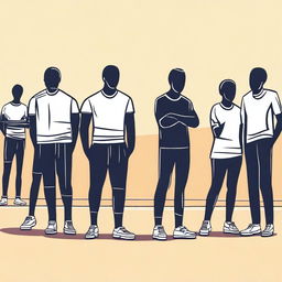 A minimalist vector art image vividly portraying the struggle of illegal immigrants who are finding it hard to comprehend in a gym class, which they share with English-speaking citizen students