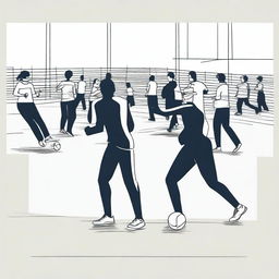 A minimalist vector art image vividly portraying the struggle of illegal immigrants who are finding it hard to comprehend in a gym class, which they share with English-speaking citizen students