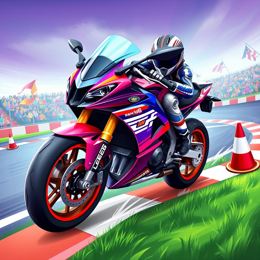 A vibrant and colorful 2D motorbike illustration suitable for an Android game, featuring a sleek racing motorbike with dynamic design elements, set against a stylish and engaging background displaying a racing track