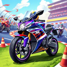 A vibrant and colorful 2D motorbike illustration suitable for an Android game, featuring a sleek racing motorbike with dynamic design elements, set against a stylish and engaging background displaying a racing track