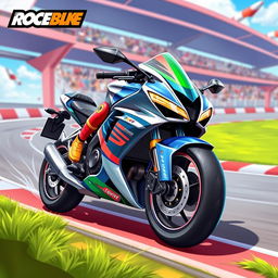 A vibrant and colorful 2D motorbike illustration suitable for an Android game, featuring a sleek racing motorbike with dynamic design elements, set against a stylish and engaging background displaying a racing track