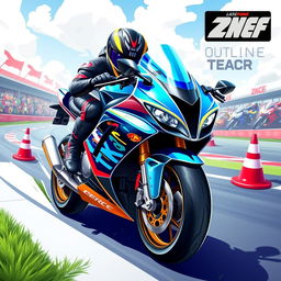 A vibrant and colorful 2D motorbike illustration suitable for an Android game, featuring a sleek racing motorbike with dynamic design elements, set against a stylish and engaging background displaying a racing track