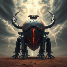 A colossal, armored beetle with a shiny, reflective surface and glowing orange cracks running through its massive shell, standing triumphantly in a vast, barren wasteland