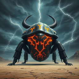 A colossal, armored beetle with a shiny, reflective surface and glowing orange cracks running through its massive shell, standing triumphantly in a vast, barren wasteland