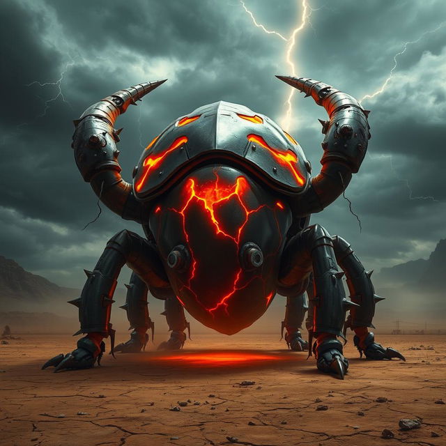 A colossal, armored beetle with a shiny, reflective surface and glowing orange cracks running through its massive shell, standing triumphantly in a vast, barren wasteland