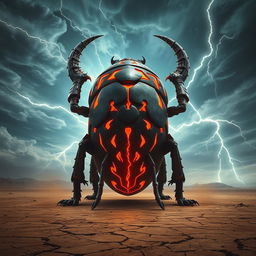 A colossal, armored beetle with a shiny, reflective surface and glowing orange cracks running through its massive shell, standing triumphantly in a vast, barren wasteland