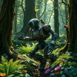 A wild, futuristic robot roaming through a lush, dense forest, covered in vines and moss