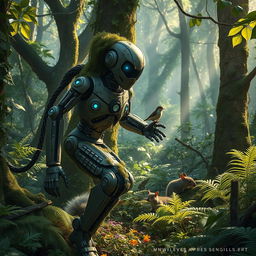 A wild, futuristic robot roaming through a lush, dense forest, covered in vines and moss