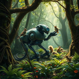 A wild, futuristic robot roaming through a lush, dense forest, covered in vines and moss