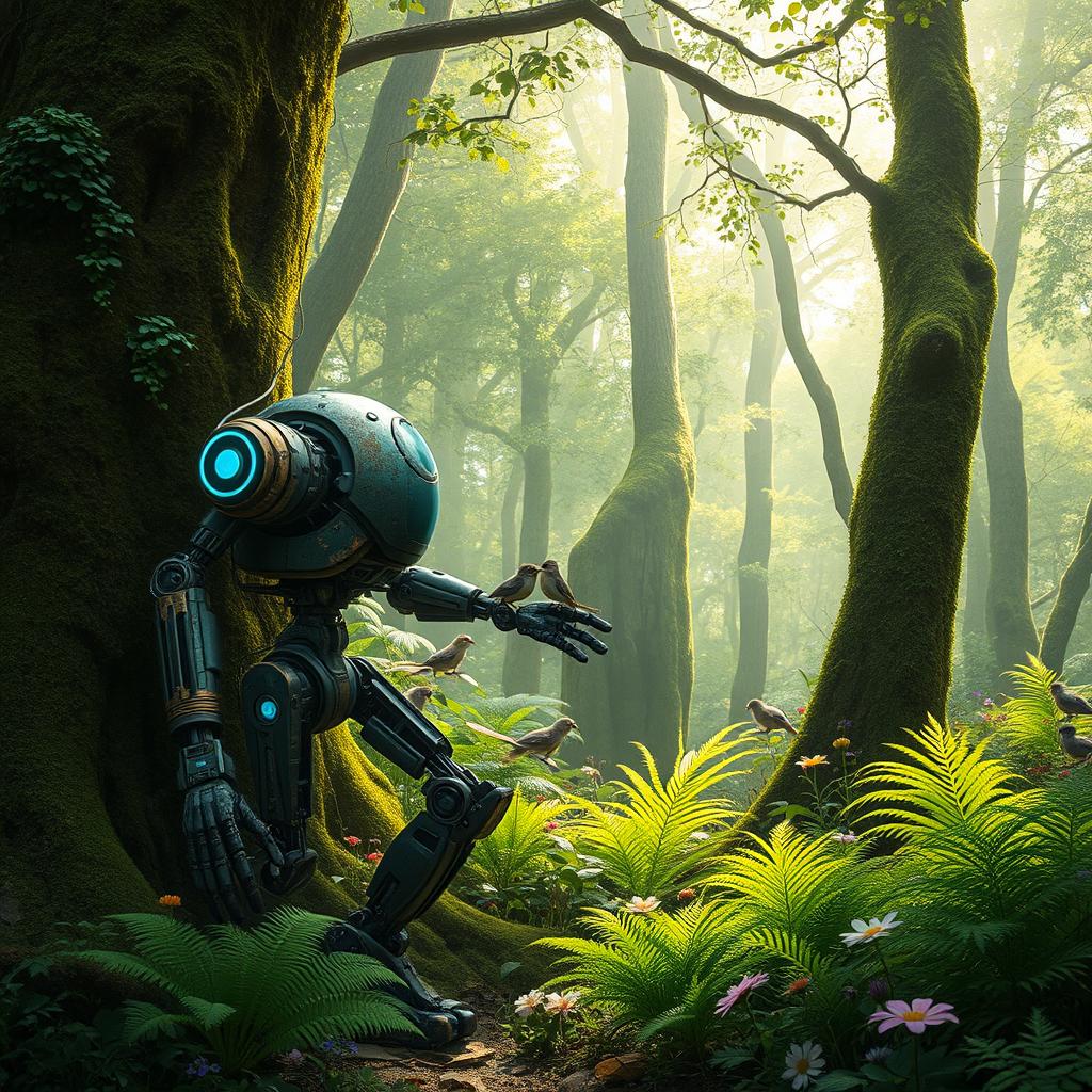 A wild, futuristic robot roaming through a lush, dense forest, covered in vines and moss