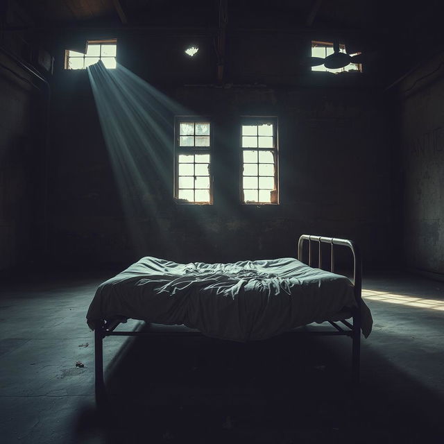 A tattered mattress lying on a rusty bedframe in an empty, dark warehouse