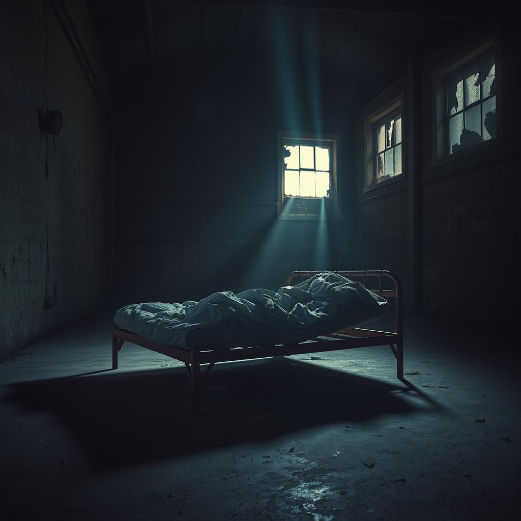 A tattered mattress lying on a rusty bedframe in an empty, dark warehouse