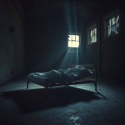 A tattered mattress lying on a rusty bedframe in an empty, dark warehouse