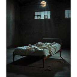 A tattered mattress lying on a rusty bedframe in an empty, dark warehouse