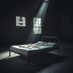 A tattered mattress lying on a rusty bedframe in an empty, dark warehouse