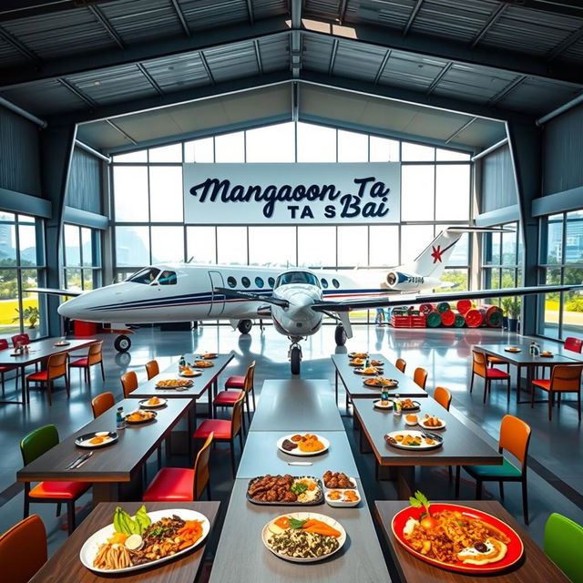 An expansive dining space within a canteen located inside a modern building, featuring a Cessna aircraft parked stylishly beside the structure